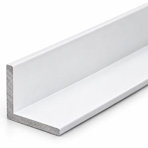 May include: A white L-shaped metal angle profile with a smooth, matte finish on the exterior surfaces and a raw, textured grey metallic edge visible on the cross-section. The structural component features two perpendicular sides of equal width.