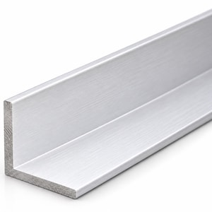 May include: A silver-colored metal angle bar with a brushed finish. The L-shaped profile features two flat, perpendicular sides meeting at a sharp corner, showcasing a clean, industrial aesthetic with a smooth, reflective surface texture.
