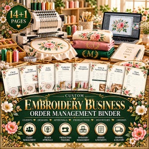 Puede incluir: Una carpeta de gestión de pedidos para negocios de bordado con 14+1 páginas para información de clientes, aprobación de diseños, detalles de pedidos, seguimiento de producción, inventario, pagos, envíos y comentarios, junto a una máquina de bordar.
