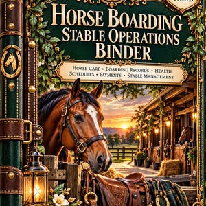 May include: A green and brown binder titled Horse Boarding Stable Operations Binder with 14+1 pages. The cover features a horse, a stable at sunset, a lantern, and a saddle. Text includes Horse Care, Boarding Records, Health, Schedules, Payments, and Stable Management.