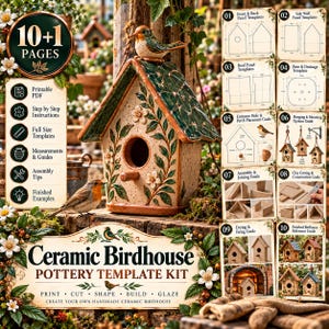 Può includere: Un kit di modelli per ceramica per casette per uccelli con 10+1 pagine di istruzioni PDF stampabili, guide passo-passo, modelli a grandezza naturale e consigli di assemblaggio per creare una casetta decorativa.