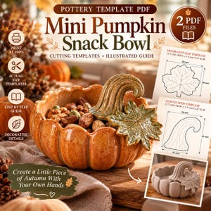 May include: A pottery template PDF for a mini pumpkin snack bowl, featuring cutting templates and an illustrated guide. The image displays a glazed orange pumpkin-shaped bowl filled with nuts, alongside diagrams with 50 mm and 45 mm measurements.
