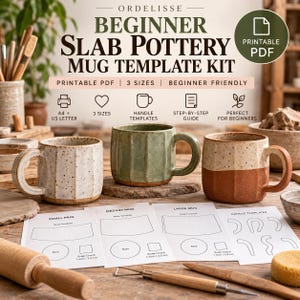 May include: A printable PDF beginner slab pottery mug template kit featuring text Ordelisse Beginner Slab Pottery Mug Template Kit. Includes three paper templates for small, medium, and large mugs with handle shapes, plus three ceramic mugs in speckled white, sage green, and two-tone brown.