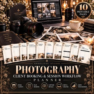 Op de afbeelding: Een set van 10 printbare pagina's voor fotografie-klantboekingen en sessieworkflowplanning met florale accenten. De documenten bevatten formulieren voor klantintake, boeking, shotlijsten, checklists, bewerking, levering, bestellingen en feedback.
