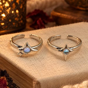 Star Ring Set Two Piece Silver Tone Adjustable Open Bands Blue Iridescent Accents Celestial Y2K Stacking Rings Gothic Jewelry Gift for Her