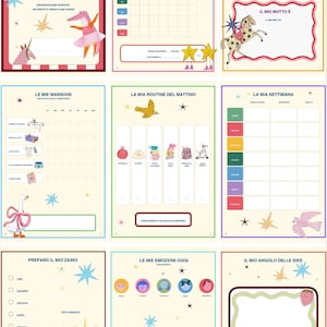 Può includere: Un set di nove pagine di planner stampabile con illustrazioni colorate di animali, stelle e tabelle di organizzazione quotidiana. Ogni pagina include intestazioni in italiano come Il Mio Super Planner, Le Mie Mansioni e Le Mie Emozioni Oggi per tracciare obiettivi e routine.