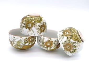 Vintage Japanese Teacups Set of 4, Mid Century Porcelain Peacock Yunomi Cups, Green and Gold Boho Decor, Made in Japan Tea Set Gift