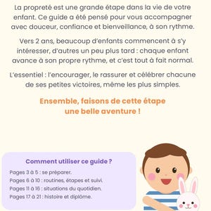 Puede incluir: Una guía digital titulada Bienvenue aux parents que contiene texto sobre el entrenamiento para ir al baño, una ilustración de un niño con camiseta de rayas azules y blancas sosteniendo un conejo blanco y un resumen de las páginas 3 a 21.