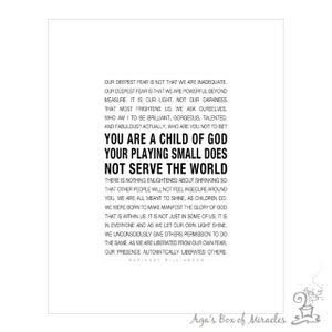 Child of God Quote Printable / Marianne Williamson Inspirational Quote Digital File / Dorm Room Decor // 5x7 / 8x10 / 11x14 JPG files