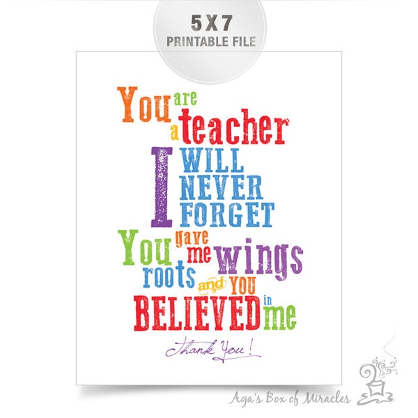 5x7 Colorful Teacher Appreciation Printable JPEG / Thank You Teacher Typography / End of Year Teacher Gift Ideas