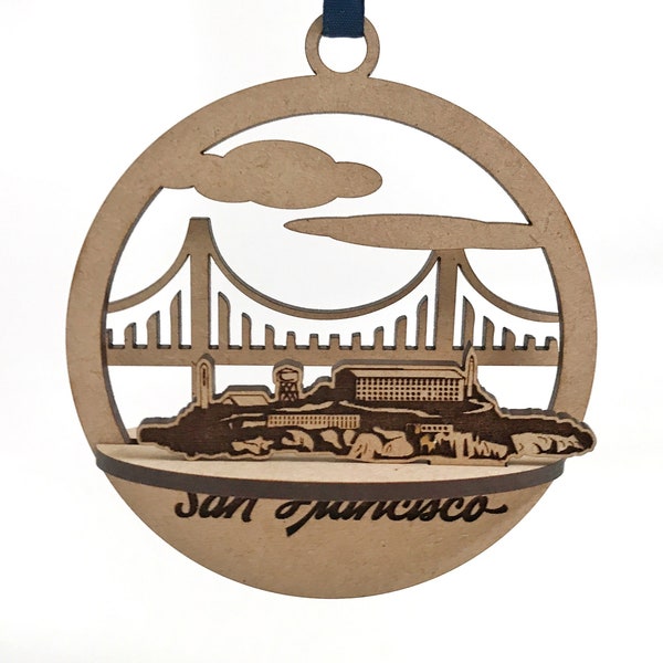 San Francisco Travel Ornament or Souvenir, 3D layered style, Alcatraz and Golden Gate Bridge