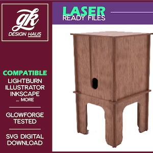 May include: A wooden box with a square top and four legs. The box has a small hole in the top. The box is made of light brown wood and has a natural wood finish. The box is compatible with Lightburn, Illustrator, Inkscape, and Glowforge. The box is a digital download.