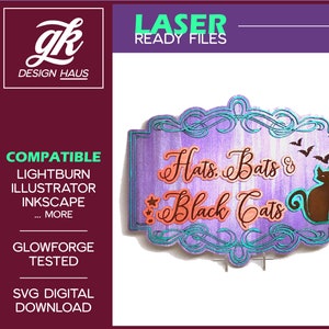 Hats, Bats & Black Cats Halloween Wall Hanger Sign  - Digital Download SVG - Glowforge Mira Thunder Omtech K40 FSL