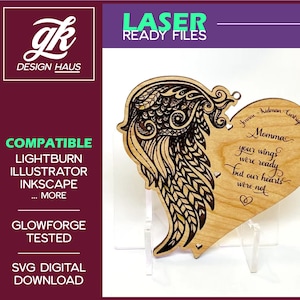 Memorial Heart and Wing Ornament - Remembrance - Digital Download SVG - Glowforge Mira Thunder Omtech K40 FSL - Memento Loved One
