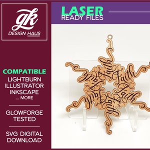 Calligrafia Fiocco di Neve Ornamento - Fede - 1/8" (.12") Materiale - Digital Download SVG - Glowforge Mira Thunder Omtech K40 FSL