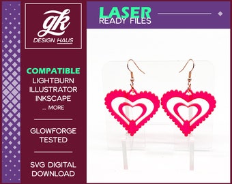 Lacy Valentine Heart Earrings - 1/8" (.12") Material - Digital Download SVG  - Glowforge Mira Thunder Omtech K40 FSL - Acrylic MDF