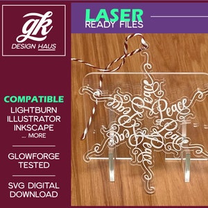 Calligraphy Snowflake Ornament - Peace - 1/8" (.12") Material - Digital Download SVG - Glowforge Mira Thunder Omtech K40 FSL