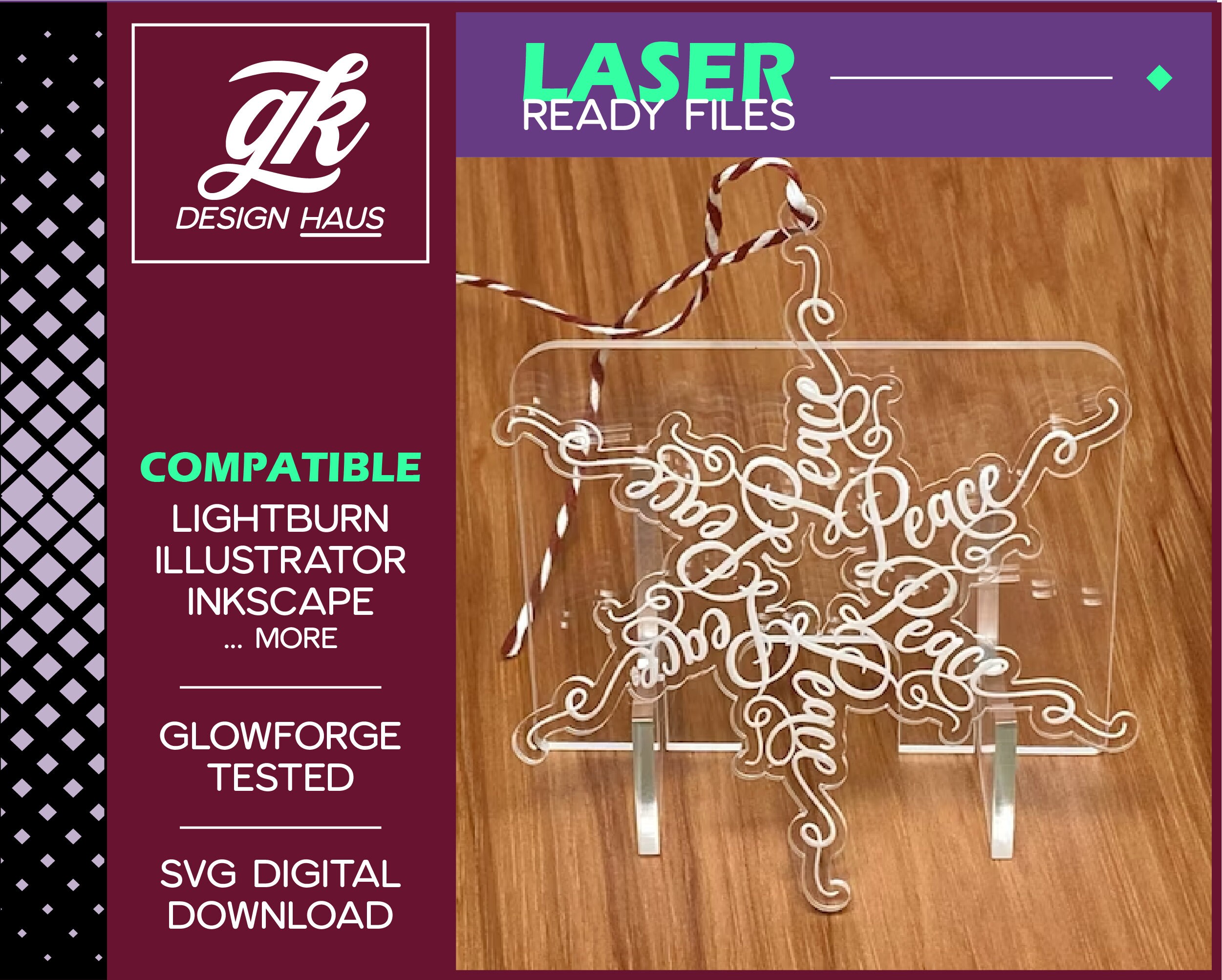 Calligraphy Snowflake Ornament - Peace - 1/8" (.12") Material - Digital Download SVG - Glowforge Mira Thunder Omtech K40 FSL