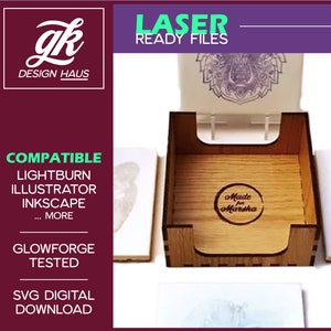 May include: A set of laser cut coasters with a wooden box. The coasters feature various designs, including a wolf's head, a heart, and a deer. The box has a label that says "Made for Marsha".