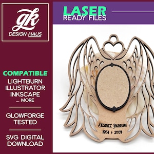 Memorial Angel Wings Ornament with Portait - Remembrance - Digital Download SVG - Glowforge Mira Thunder Omtech K40 FSL - Memento Loved One