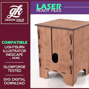 Puede incluir: Una caja de madera cortada con láser con un recorte en la parte delantera. La caja es compatible con Lightburn, Illustrator, Inkscape y más. Está probada con Glowforge y disponible como descarga digital SVG.