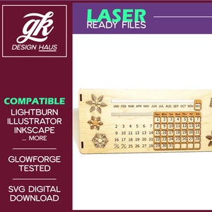 Perpetual Calendar Design 12" Wide Format Tabbed Fit for 1/8" (.12") w/ optional snowflakes  - Digital Download SVG - Glowforge Mira Omtech