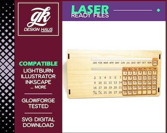 Perpetual Calendar Design 10 inch - Tabbed Fit for 1/8" (.12")  - Digital Download SVG - Glowforge Mira Omtech K40