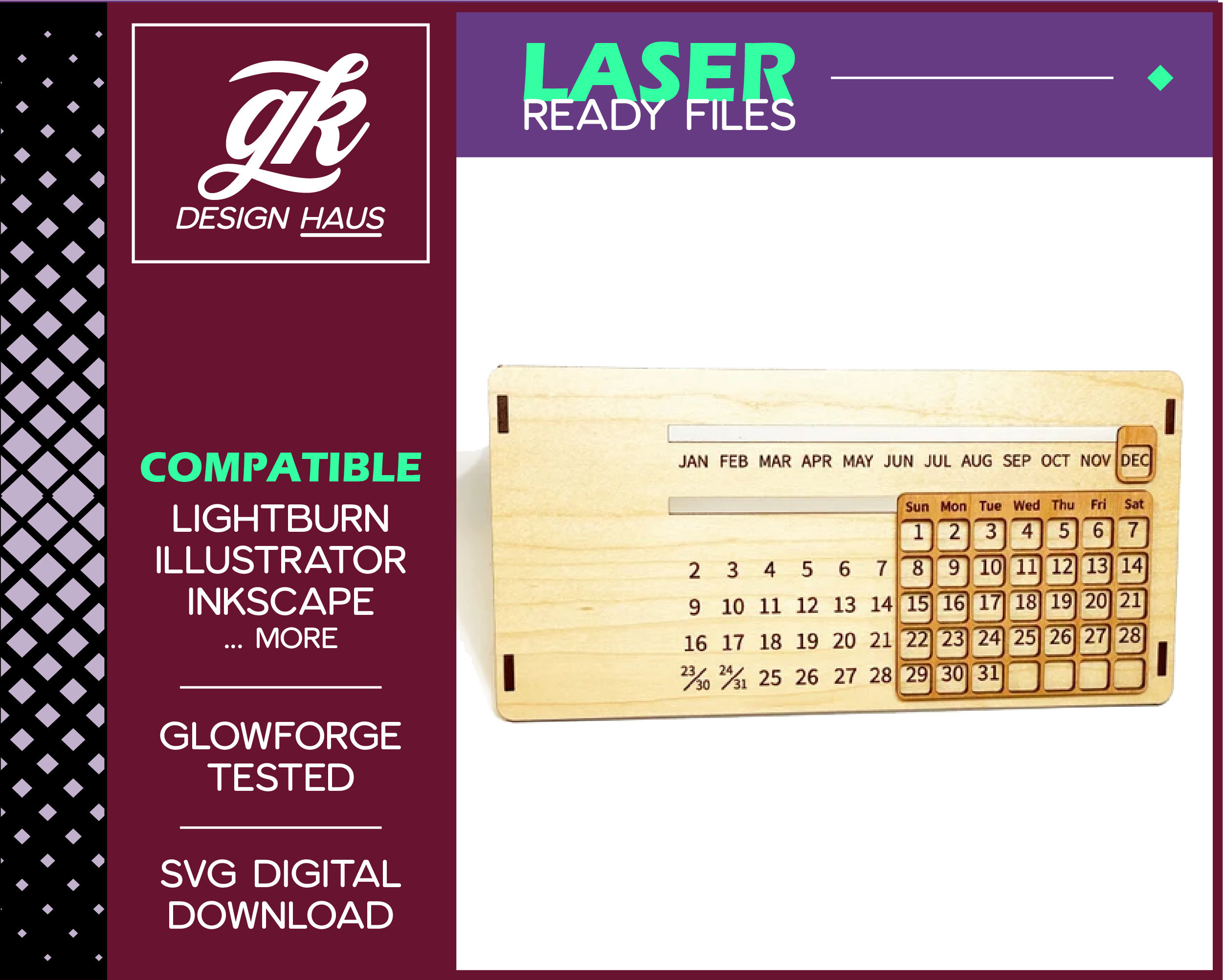 Perpetual Calendar Design 10 inch - Tabbed Fit for 1/8" (.12")  - Digital Download SVG - Glowforge Mira Omtech K40