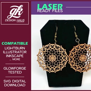 Boucles d’oreilles en dentelle de style mandala, 1/8 » (.12 ») Matériel - Téléchargement numérique SVG - Glowforge Mira Thunder Omtech K40 FSL - Méditation Zen