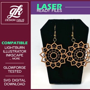 Mandala Style Flower Earrings - 1/8" (.12") Material - Digital Download SVG - Glowforge Mira Thunder Omtech K40 FSL - Meditation Sacred Zen