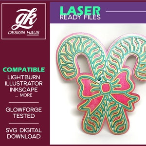 Layered Candy Cane Twist Decoration with Bow - Digital Download SVG - Glowforge Mira Thunder Omtech K40 - Winter Candies Wall Decor Layered