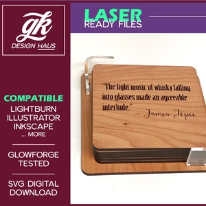 Whiskey Themed Coaster Set with Acrylic Curved Corners - Modern Holder Design for 1/8&quot; (.12&quot;) Material  - Digital Download SVG - Glowforge