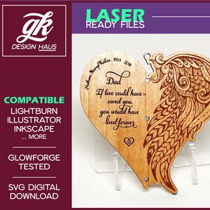 Memorial Heart and Wing Ornament - Remembrance - Digital Download SVG - Glowforge Mira Thunder Omtech K40 FSL - Memento Loved One