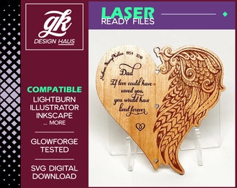 Memorial Heart and Wing Ornament - Remembrance - Digital Download SVG - Glowforge Mira Thunder Omtech K40 FSL - Memento Loved One