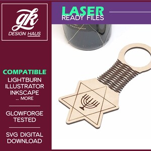 Wein Geschenkanhänger mit Davidstern und Menorah und Diamant Design Wohnscharnier für 1/8" (.125") Material - Digital Download SVG - Glowforge