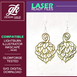 Delicate Hops Flower Earrings -  1/8" (.12") Material - Digital Download SVG - Glowforge Mira Thunder Omtech K40 - Craft Beer Brewery BarPub