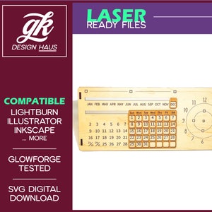 Ewiger Kalender Design Breitformat Tabbed Passform mit Zifferblatt - 12 Zoll - 1/8" (.12") - Digital Download SVG - Glowforge Mira Omtech K40