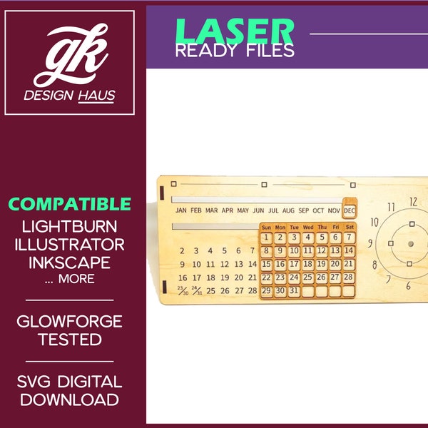 Calendrier perpétuel Conception Grand Format Onglets Fit avec cadran d’horloge, 12 pouces - 1/8 « (.12 ») - Téléchargement numérique SVG - Glowforge Mira Omtech K40