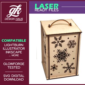 Box Lantern with Snowflakes and optional handle for 1/8&quot; (.12&quot;) Material - Digital Download SVG - Glowforge Mira Thunder Omtech K40 FSL