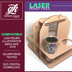 Kaffee/Getränketräger 4 Tasse für 1/8" (.12") Material - Digital Download SVG - Glowforge Mira Thunder Omtech K40