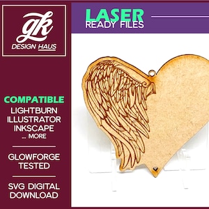 Angel Wing Heart Ornament Blank - 1/8&quot; (.12&quot;) Material - Digital Download SVG - Glowforge Mira Thunder Omtech K40 FSL - Memorial Blank