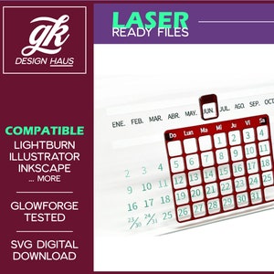 Perpetual Calendar Design Wide Format Tabbed Fit - ESPAGNOL - 12 pouces - 1/8 » (.12 ») - Téléchargement numérique SVG - Glowforge Mira Omtech K40