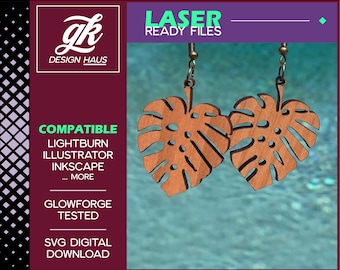 Hawaiian Monstera Leaf Earrings - 1/8" (.12") Material - Digital Download SVG - Glowforge Mira Thunder Omtech K40 FSL
