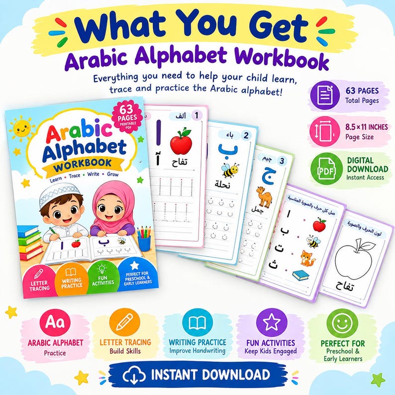 Arabic Alphabet Tracing Workbook, 63-page PDF for Kids (digital ...