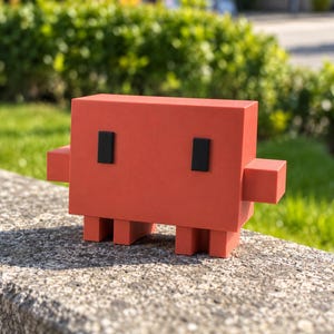 Może przedstawiać: Kwadratowa, czerwona figurka w stylu pixel-art z prostokątnym korpusem, dwoma małymi bocznymi ramionami i czterema krótkimi nogami. Postać posiada dwoje prostych, pionowych, czarnych prostokątnych oczu umieszczonych na przedniej części konstrukcji.