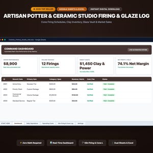 Puede incluir: Una plantilla de hoja de cálculo digital titulada Artisan Potter & Ceramic Studio Firing & Glaze Log. La interfaz muestra un panel de control con métricas de rendimiento bruto, volumen, costes directos y márgenes de beneficio neto.
