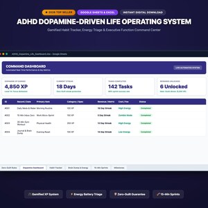 Può includere: Un dashboard digitale di sistema operativo per la vita guidato dalla dopamina per ADHD, compatibile con Google Sheets ed Excel. L'interfaccia mostra un pannello di controllo con metriche per XP, serie, attività completate e premi sbloccati.