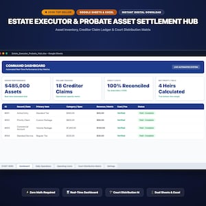May include: A digital spreadsheet interface titled Estate Executor & Probate Asset Settlement Hub. The dashboard displays financial metrics, including $485,000 in assets, 18 creditor claims, and a table tracking records with status updates.