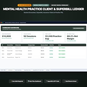 Può includere: Un modello di foglio di calcolo digitale intitolato Mental Health Practice Client & Superbill Ledger. L'interfaccia mostra una dashboard con metriche per le prestazioni lorde, il volume delle sessioni, i costi diretti e l'utile netto, oltre a una tabella.