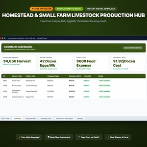 Könnte beinhalten: Eine digitale Tabellenkalkulationsoberfläche mit dem Titel Homestead & Small Farm Livestock Production Hub. Das Dashboard zeigt Kennzahlen wie $4,850 Harvest, 42 Dozen Eggs/Wk, $680 Feed Expense und $1.82/Dozen Cost mit einer Datentabelle.
